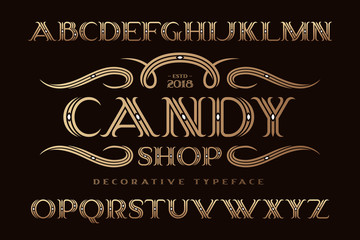 Decorative classic typeface named "Candy shop" with elegant ornate swashes