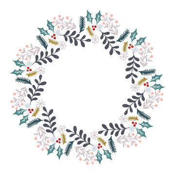 Christmas Wreath with Round Frame for Cards Design Vector Layout with Copyspace Can be use for Decorative Kit, Invitations, Greeting Cards, Blogs, Posters, Merry Christmas and Happy New Year.