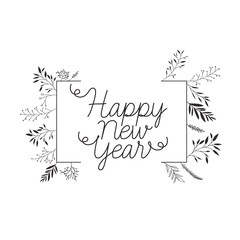 happy year with branch and leaves isolated icon