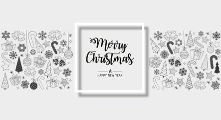 monochrome greeting card Merry Christmas background. Vector illustration with Christmas elements snowflakes, trees, stars, Candy Cane, gifts. 