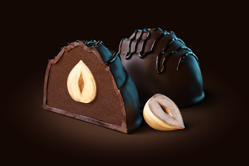 3d render of dark chocolate candies with dark truffle filling and whole hazelnut inside