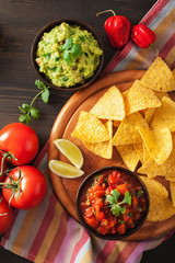 mexican guacamole and salsa dip, nachos tortilla chips