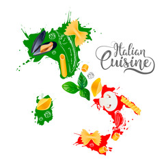 Italian cuisine. Italy map.