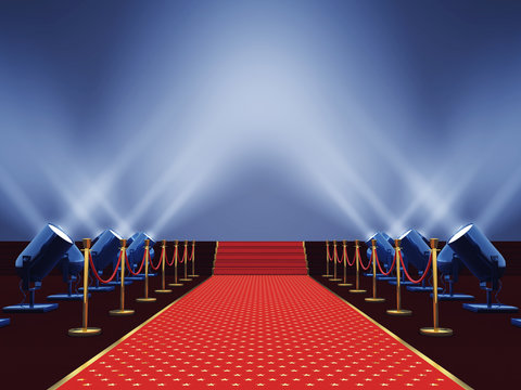 Movie premiere red carpet with stars  lit by spotlight, Award ceremony or festival event