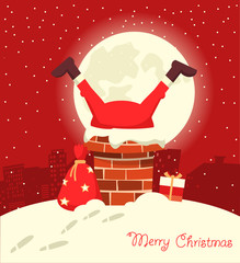 Santa Claus stuck in the chimney in the Christmas moon night
