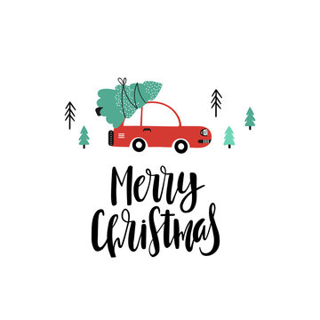 Christmas background with cartoon red car