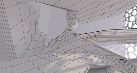 Abstract drawing white interior multilevel public space with window. 3D illustration and rendering.