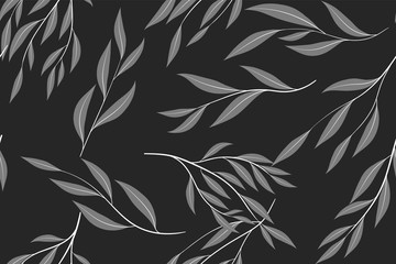 Eucalyptus Vector. Monochrome Seamless Pattern with Vector Leaves, Branches and Floral Element. Elegant Background for Rustic Wedding Design, Fabric, Textile, Dress. Eucalyptus Vector in Vintage Style