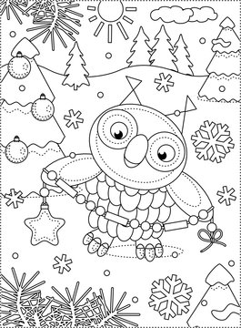 Winter holidays joy themed coloring page with owl decorating christmas tree
