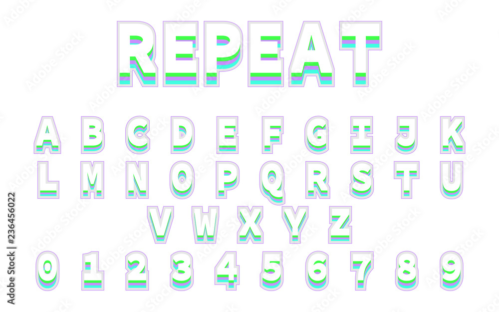 Poster font in repeat design. reto bold font. alphabet in colorful trending. vector font and alphabet