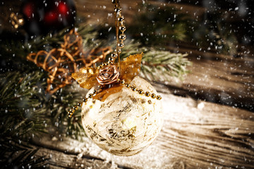 christmas decoration of ball and snow 