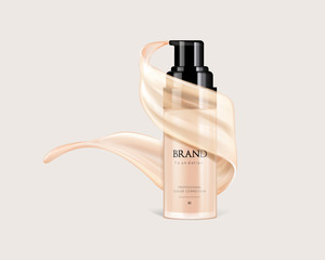 Cosmetic vector foundation premium tube product for promotion. Make-up with texture flowing in  bottle isolated.