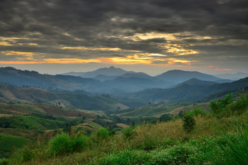 Obraz premium Natural landscape view with mists sea at sunrise. Mists in the cove. Mountain of fog, sun and win.