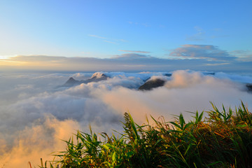 Natural landscape view with mists sea at sunrise. Mists in the cove. Mountain of fog, sun and win.