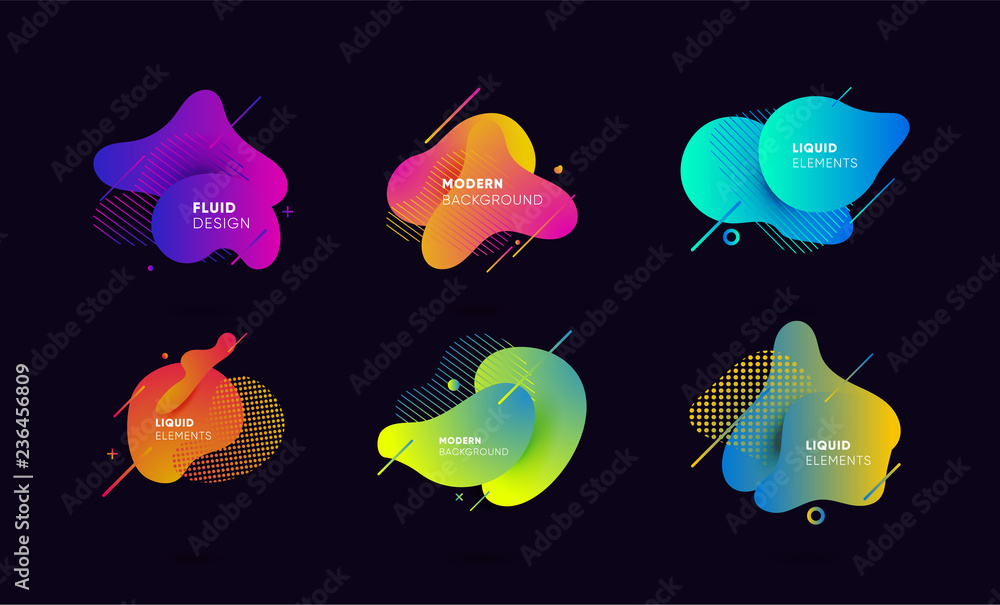 Wall mural dynamical colored graphic elements. gradient abstract banners with flowing liquid shapes. template f