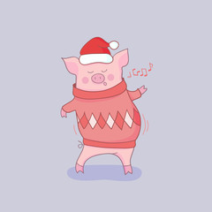 A cute pig sings and dances in a New Year's hat. Design for new year postcard. Chinese Zodiac Sign Year of Pig