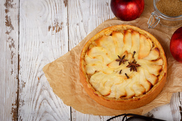 Traditional holiday apple pie. Baked dessert with anise, cloves and apples on light wooden...