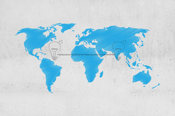 light bulbs linked to each other by chain and world map overlay