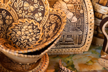 Wooden Russian souvenirs made of birch bark close up