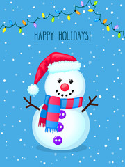 Christmas greeting card with cute snowman and electric lights. Colorful winter cartoon background with snow. New year vector illustration with text "Happy holidays!"