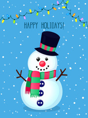 Christmas vector greeting card with funny snowman and electric lights. Colorful winter cartoon background. New year vector illustration with text "Happy holidays!"