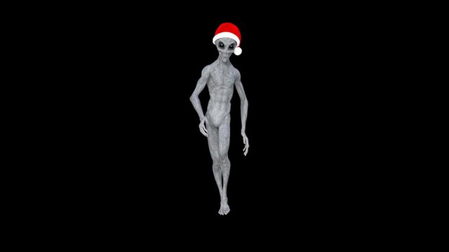 alien in santa hat walking merrily,loop, transparent background