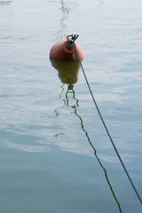 Red mooring buoy floating on sea water.