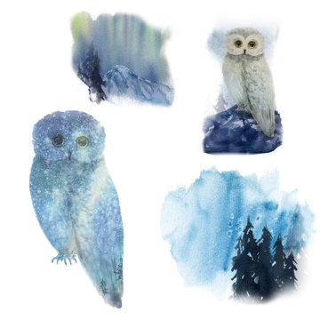 Watercolor winter landscape with owl on tree in forest