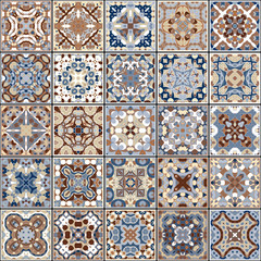 Fototapeta na wymiar A collection of ceramic tiles in retro colors. A set of square patterns in ethnic style. Vector illustration.