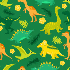 Obraz premium Seamless pattern with flat vector cartoon dinosaurs.