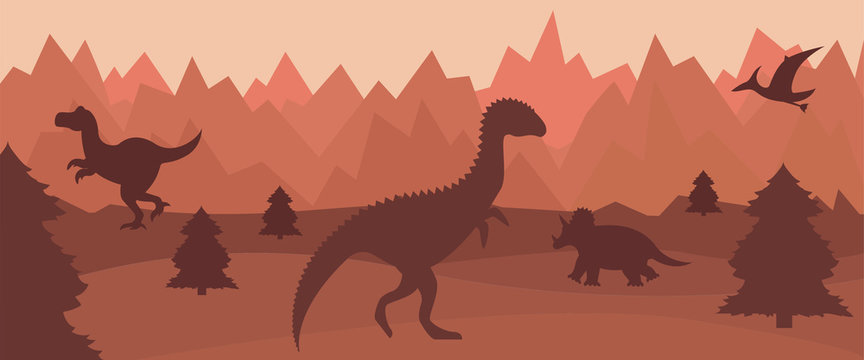 Flat mountain landscape with silhouettes of dinosaurs.