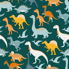 Seamless pattern with flat vector cartoon dinosaurs.