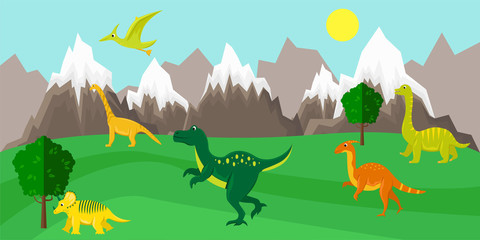 Poster with dinosaurs on the background of a mountain landscape. Banner in a flat cartoon style.