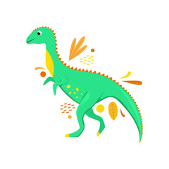 Flat vector isolated cartoon dinosaur with abstract leaves.