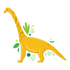 Flat vector isolated cartoon dinosaur with abstract leaves.