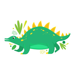 Flat vector isolated cartoon dinosaur with abstract leaves.