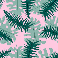 Seamless tropical pattern with fern and monstera leaves..