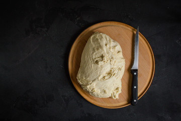 pizza, dough, ingredients, pepperoni, cheese, toatny sauce (cooking process). Top view with copy space