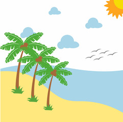 Fototapeta na wymiar Landscape beautiful beach with Illustration three Palm Trees Stock vector design