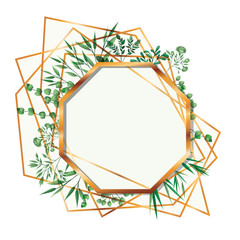 golden frame octagon with foliage isolated icon