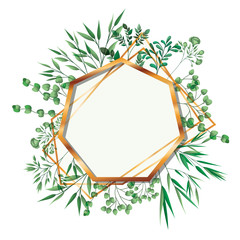 golden frame heptagon with foliage isolated icon