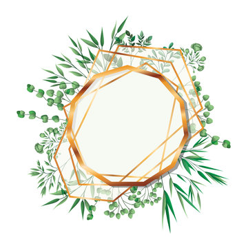 golden frame decagon with foliage isolated icon