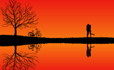 Men and women stand embracing outdoors, with bicycles parked beneath the trees. Valentine's Day Concept. The atmosphere is warm with a beautiful nature reflected in the water. Vector illustrations
