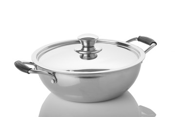 Kitchen: Close up of Stainless Steel Pan with Lid Isolated on White Background Shot in Studio