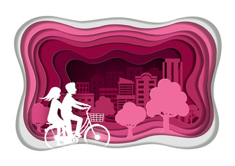 Paper art style. Men and women lovers are cycling. In the pink public park. In the Valentine's day Concept. love romantic. Vector illustrations