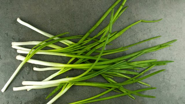 Fresh cooking vegetable green onion falling on dark surface with water drop in slow motion.