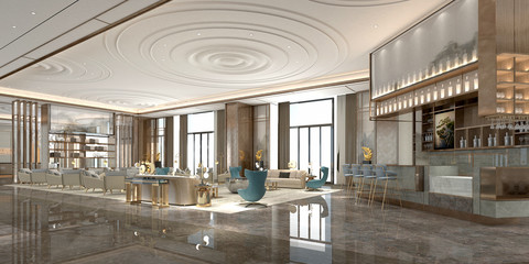 3d render of modern luxury hotel lobby 
