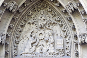 The tympanum shows the Annunciation to Mary, portal of the Marienkapelle in Wurzburg, Bavaria, Germany