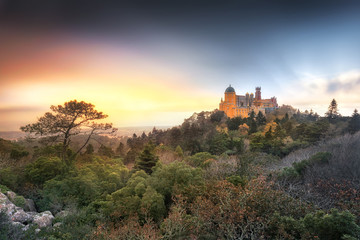 Fototapeta premium Sunset in mystic forest in Sintra, Castle of dreams