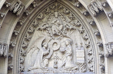 The tympanum shows the Annunciation to Mary, portal of the Marienkapelle in Wurzburg, Bavaria, Germany